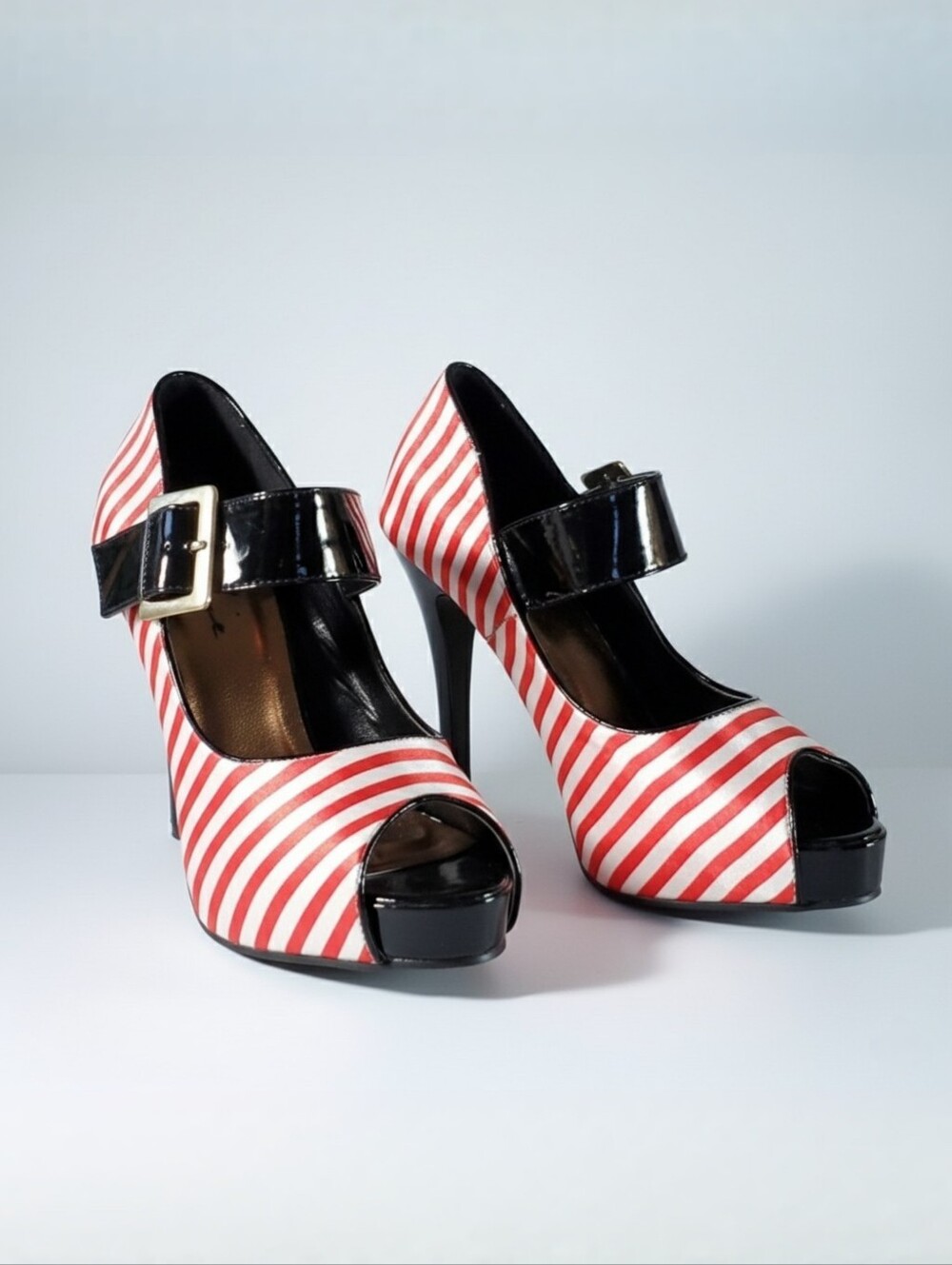 Ellie Size 6 Pumps Peep Toe High Stiletto Red Satin Stripe Black Patent Leather